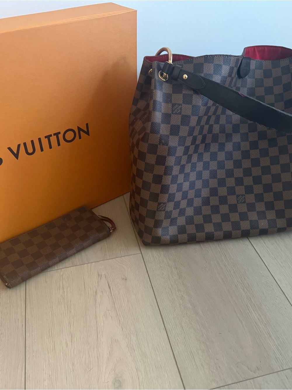 Louis Vuitton Brown Damier Canvas Tote with Red Interior